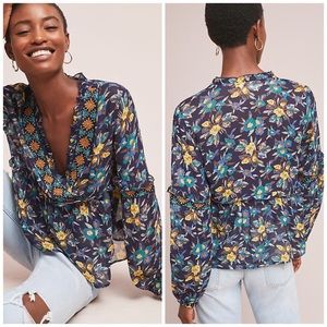 Anthropologie Floral Blouse - Blue and Yellow